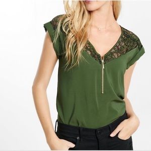 Express Lace Short Sleeve V-Neck Zipper Blouse Business Career Green Small